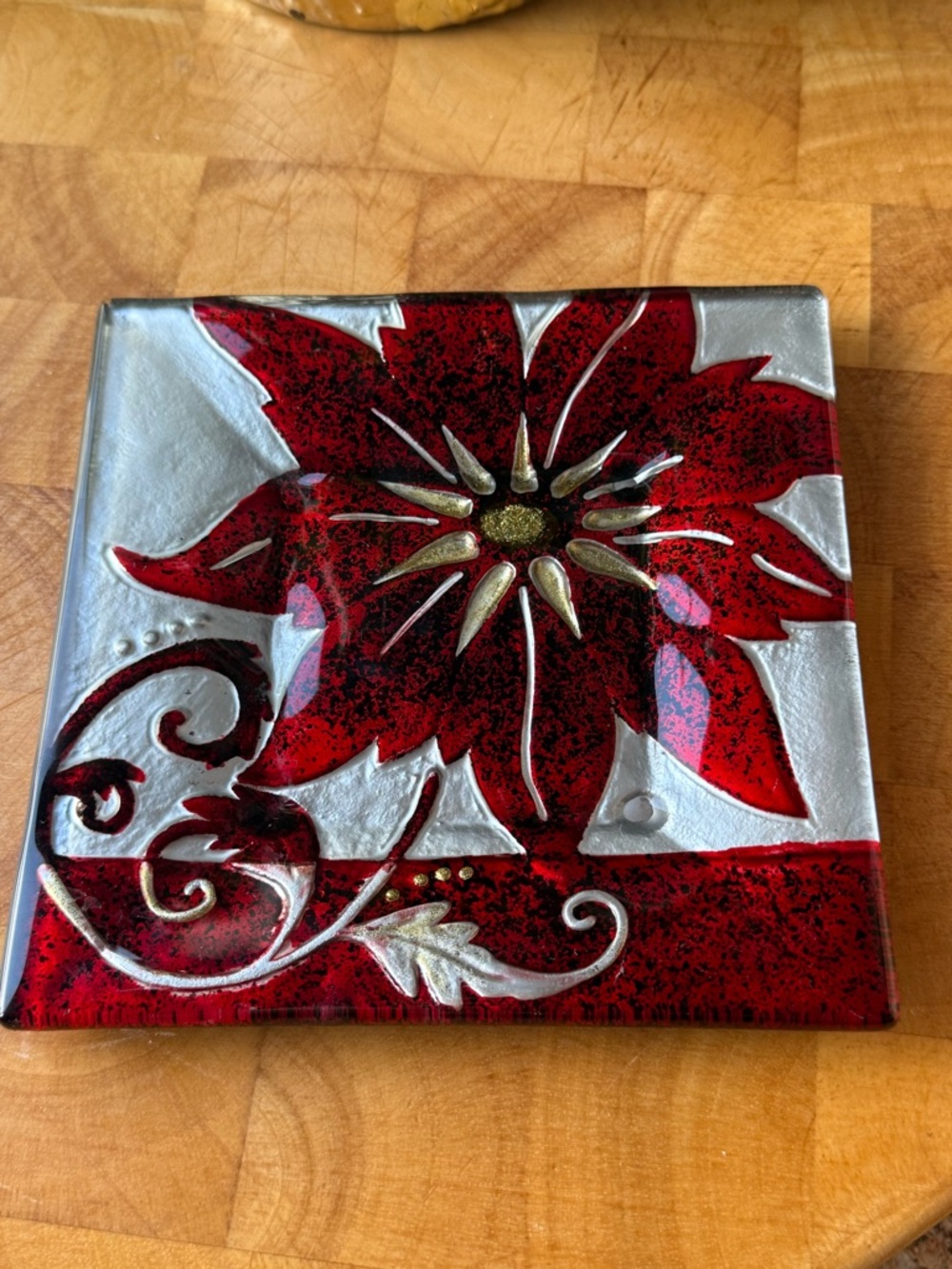 Red Poinsettia Glass Decorative Trinket Dish